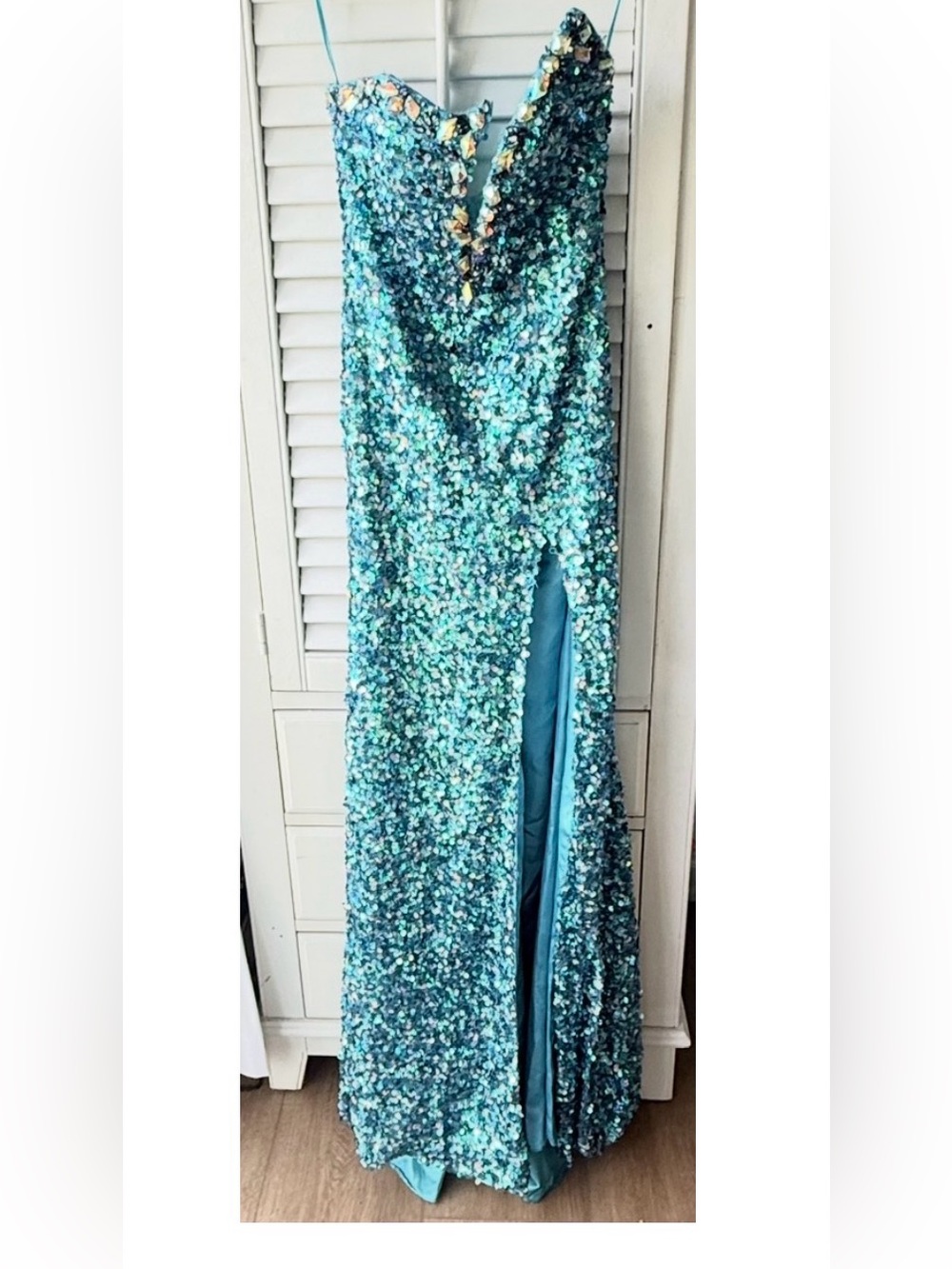 Mori Lee Sequin Teal Mermaid Gown with Plunge V